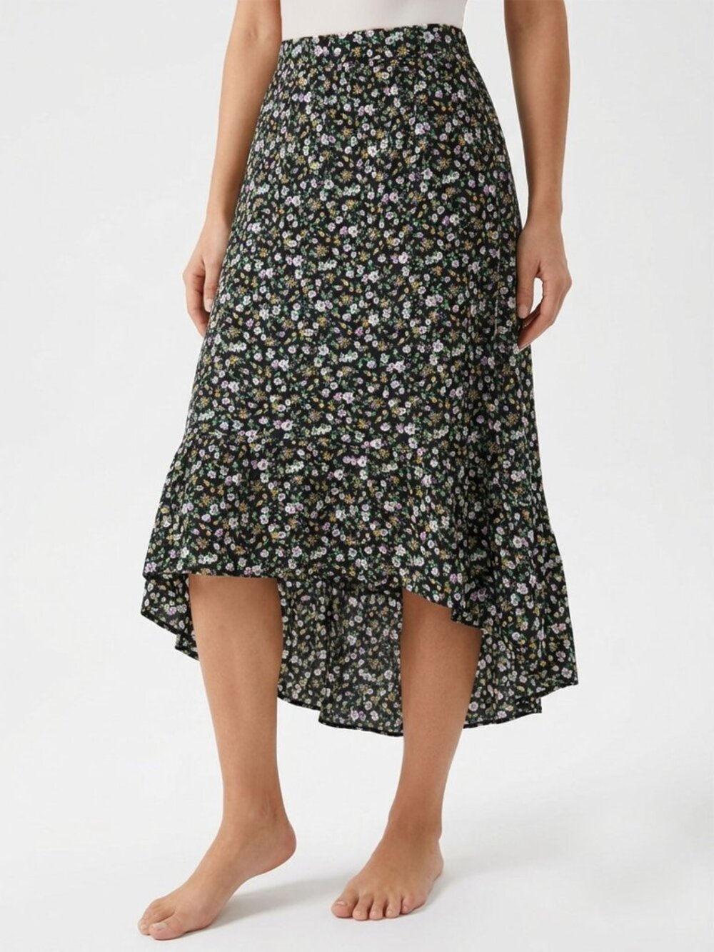 Halston Black Floral Hi-Lo Midi Skirt NWT Whimsy Ditsy Flower